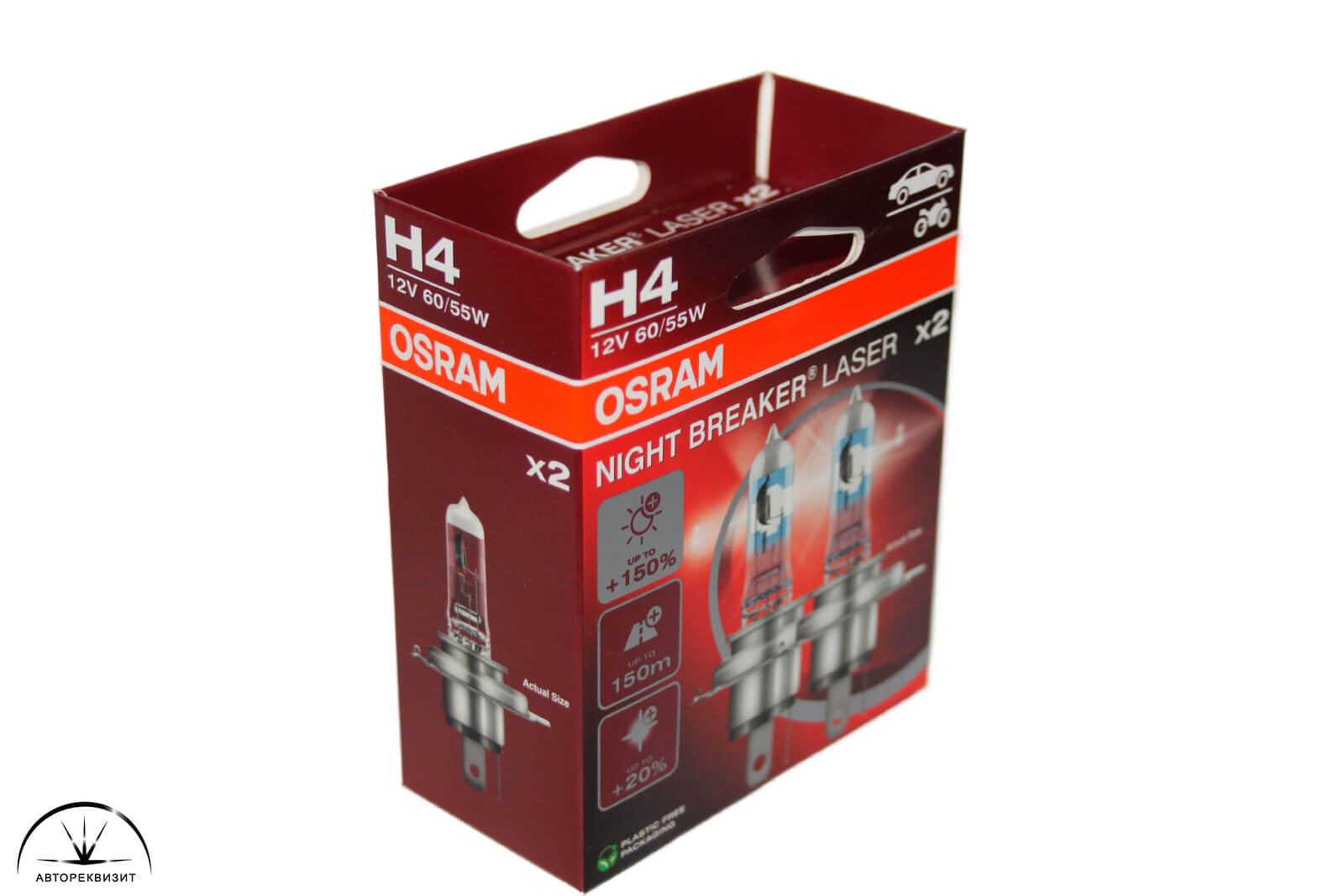 Автолампа OSRAM 12V 60/55W H4 Night Breaker Laser +150%, евробокс 2шт